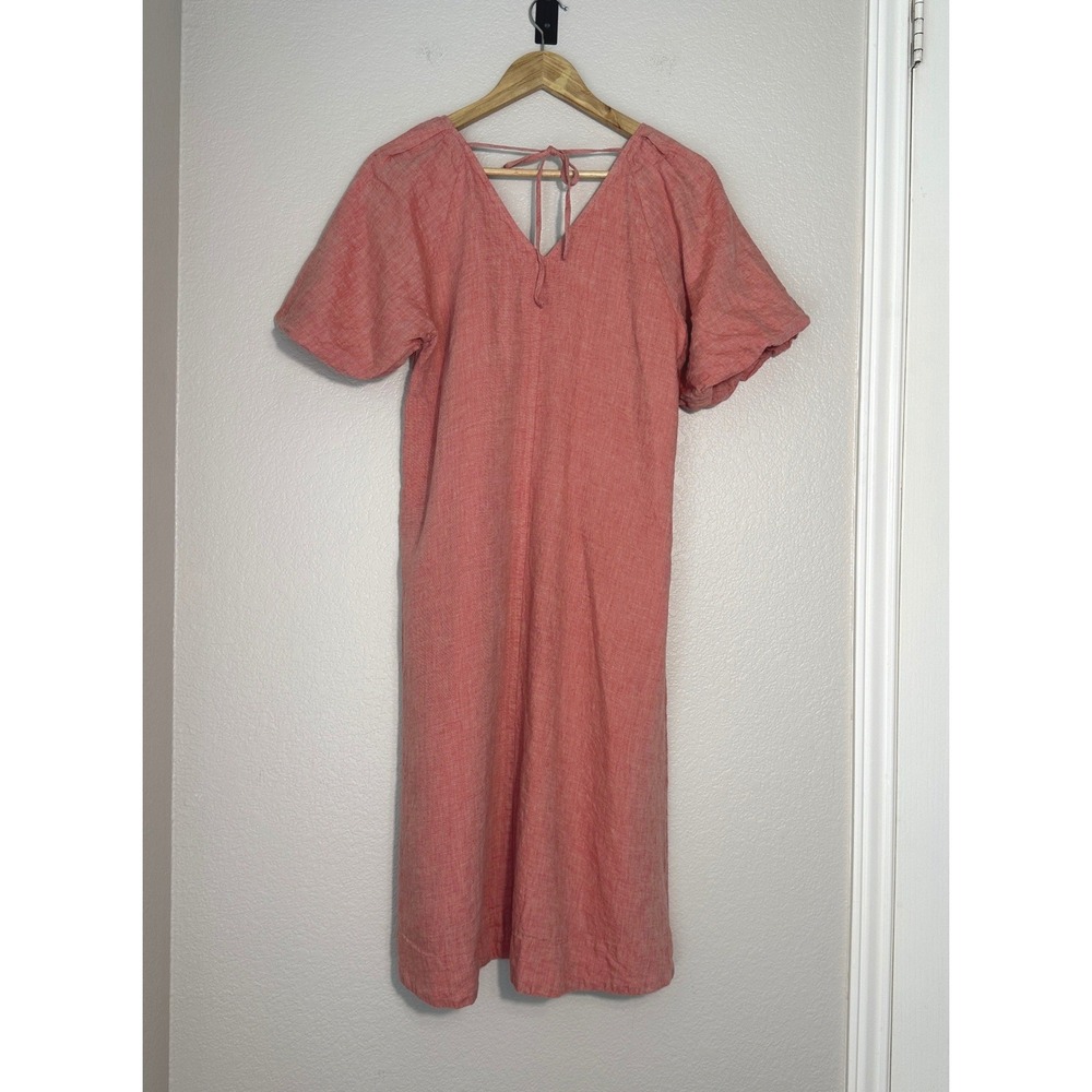 Yarra‎ Trail Linen Midi Dress 8 Petite Coral Red Puffed Sleeve Classic Summer - Picture 2 of 13